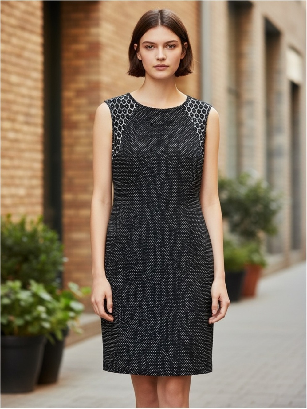 ANN TAYLOR Sleeveless Sheath Dress in Black with White Polka Dots Size 10